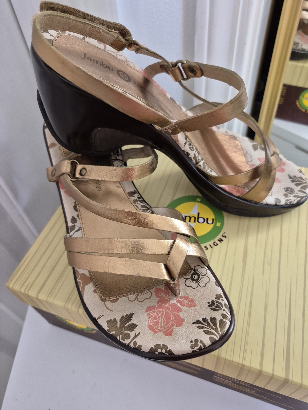 Jambu Rose Gold Strappy Floral Insole Wedges